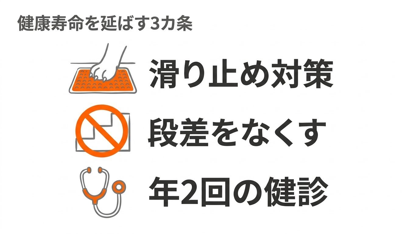 健康寿命を延ばす3カ条（滑り止め対策・段差をなくす・年2回の健診）