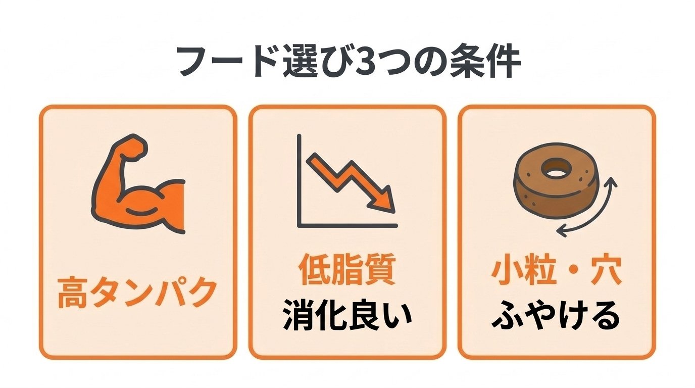 生後4ヶ月の子犬に適したフード選び3つの条件(高タンパク・低脂質・ドーナツ粒)