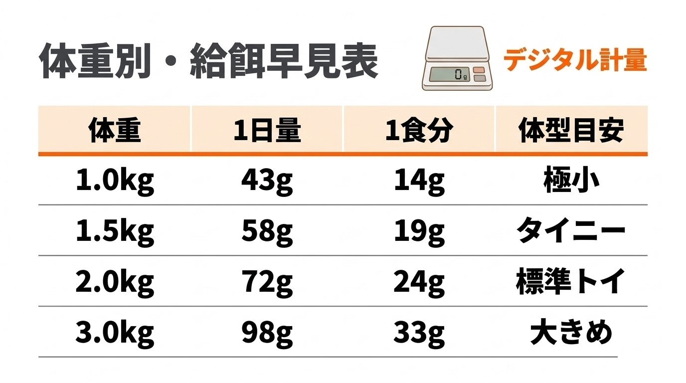 生後4ヶ月トイプードルの実体重別1日給餌量と1食分グラム早見表