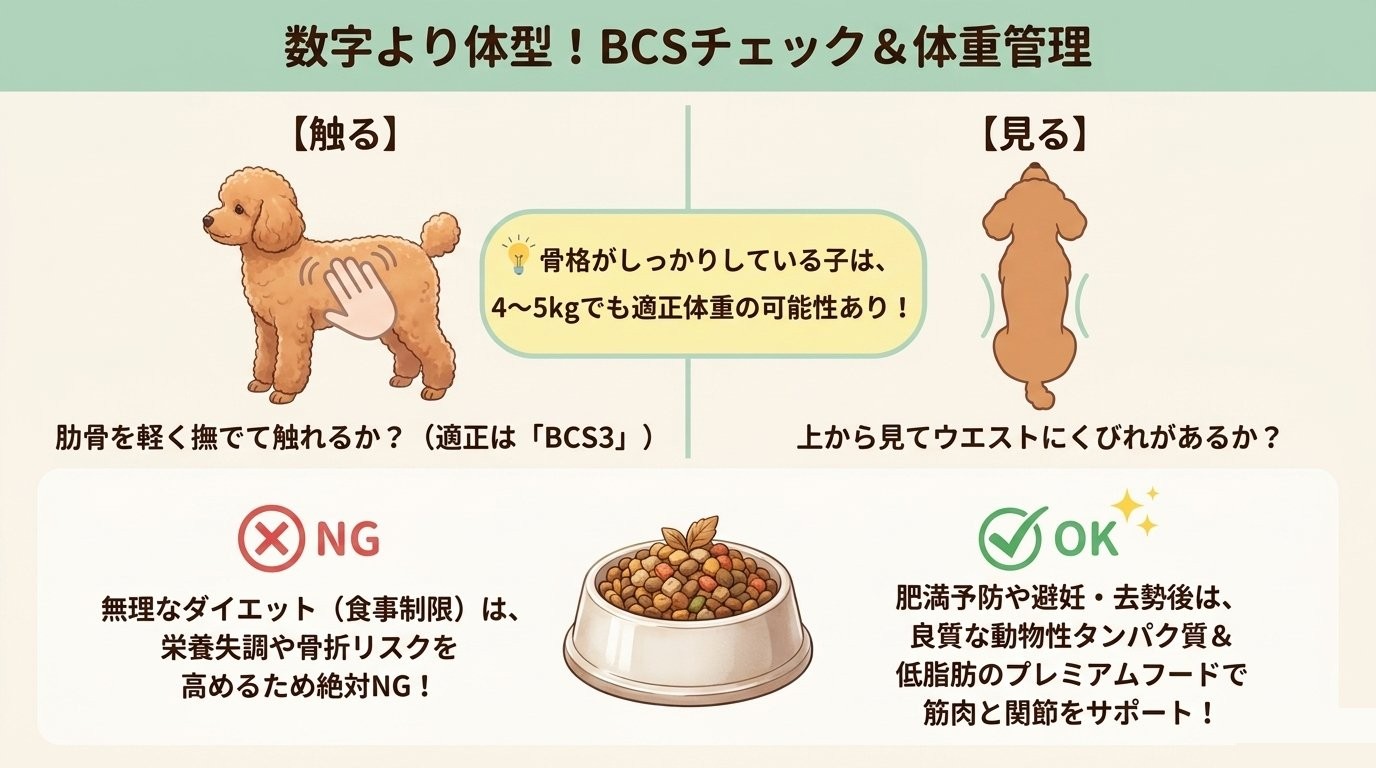 数字より体型！BCSチェックと体重管理・プレミアムフード選びのポイント図解
