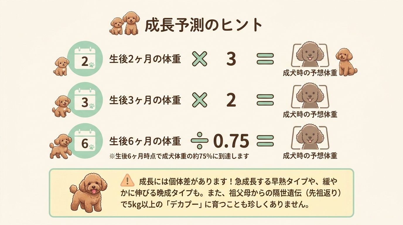 トイプードル成犬体重の予測計算式図解（生後2ヶ月×3倍、生後3ヶ月×2倍、生後6ヶ月÷0.75）