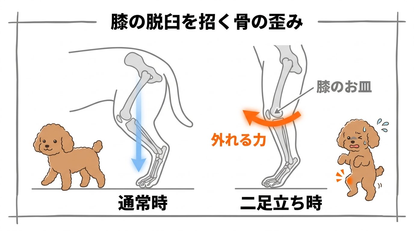 二足立ちによる膝蓋骨（パテラ）への異常なモーメント負荷と脱臼メカニズム