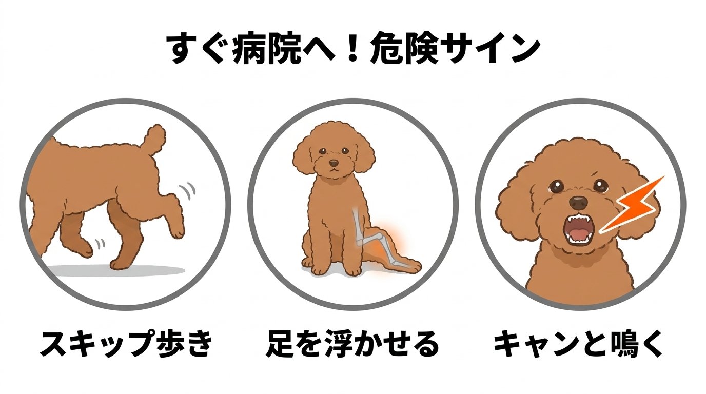 今すぐ動物病院を受診すべき歩行異常サイン（スキップ歩行・足の挙上）