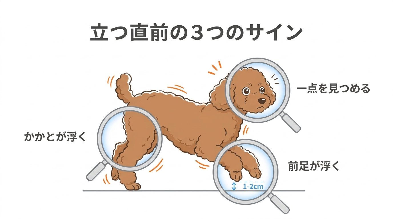 立ち上がり行動の直前予兆シグナル（凝視・つま先重心・前足浮き）