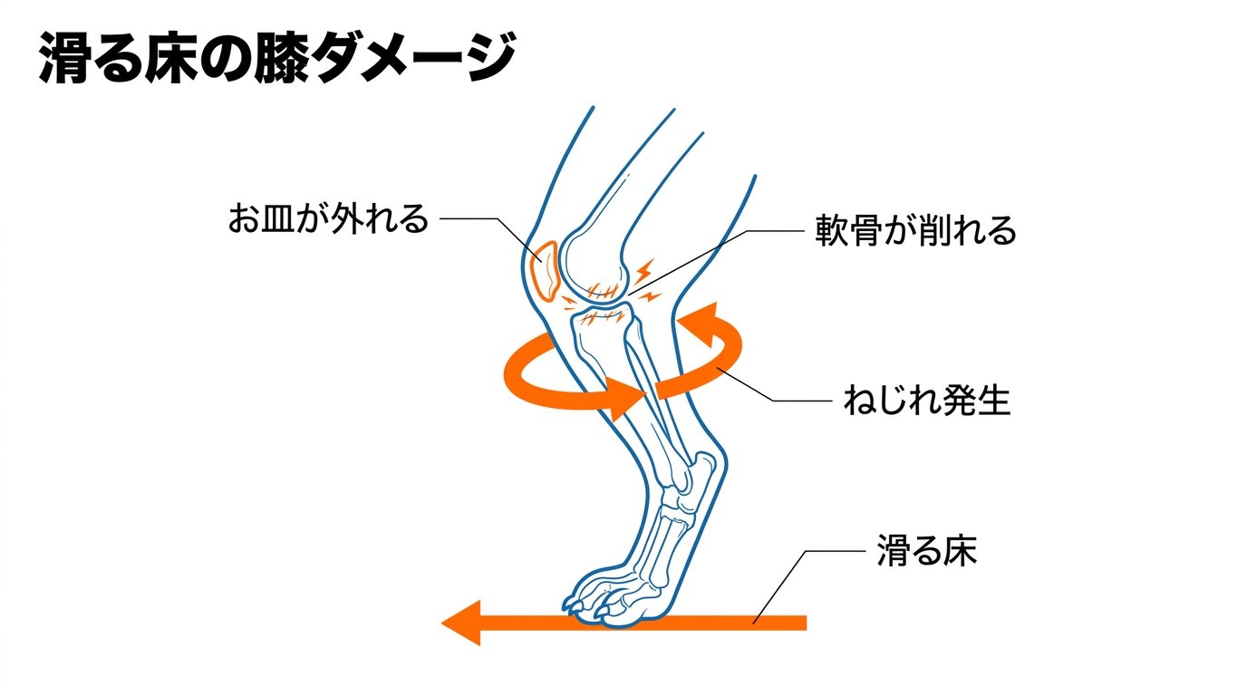 滑る床による膝関節の回旋ストレスとお皿が外れるメカニズム