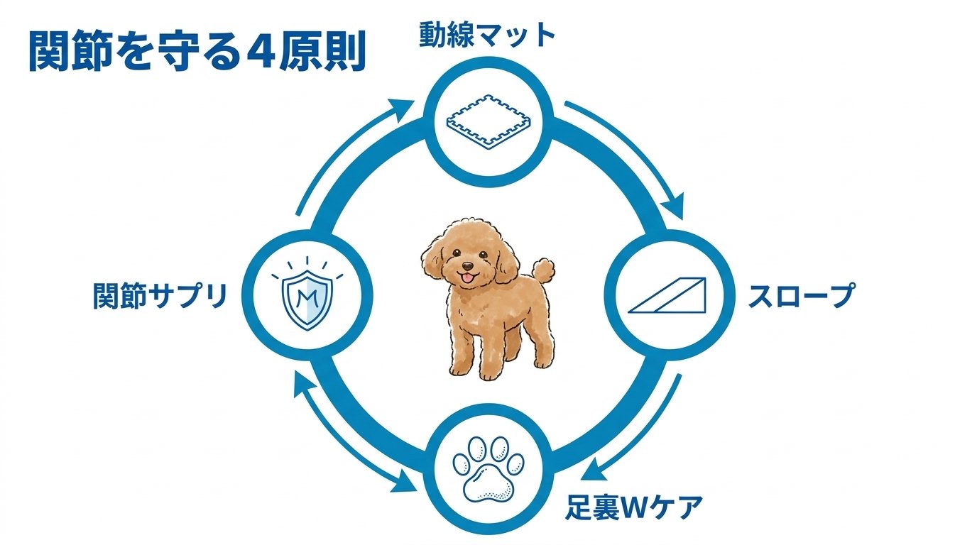 愛犬の関節を守り抜く4原則ロードマップ（動線マット・スロープ・足裏・サプリ）