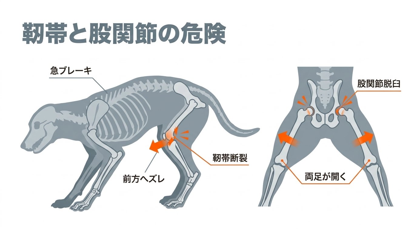 急ブレーキ時の靭帯断裂と両足開脚による股関節脱臼リスク