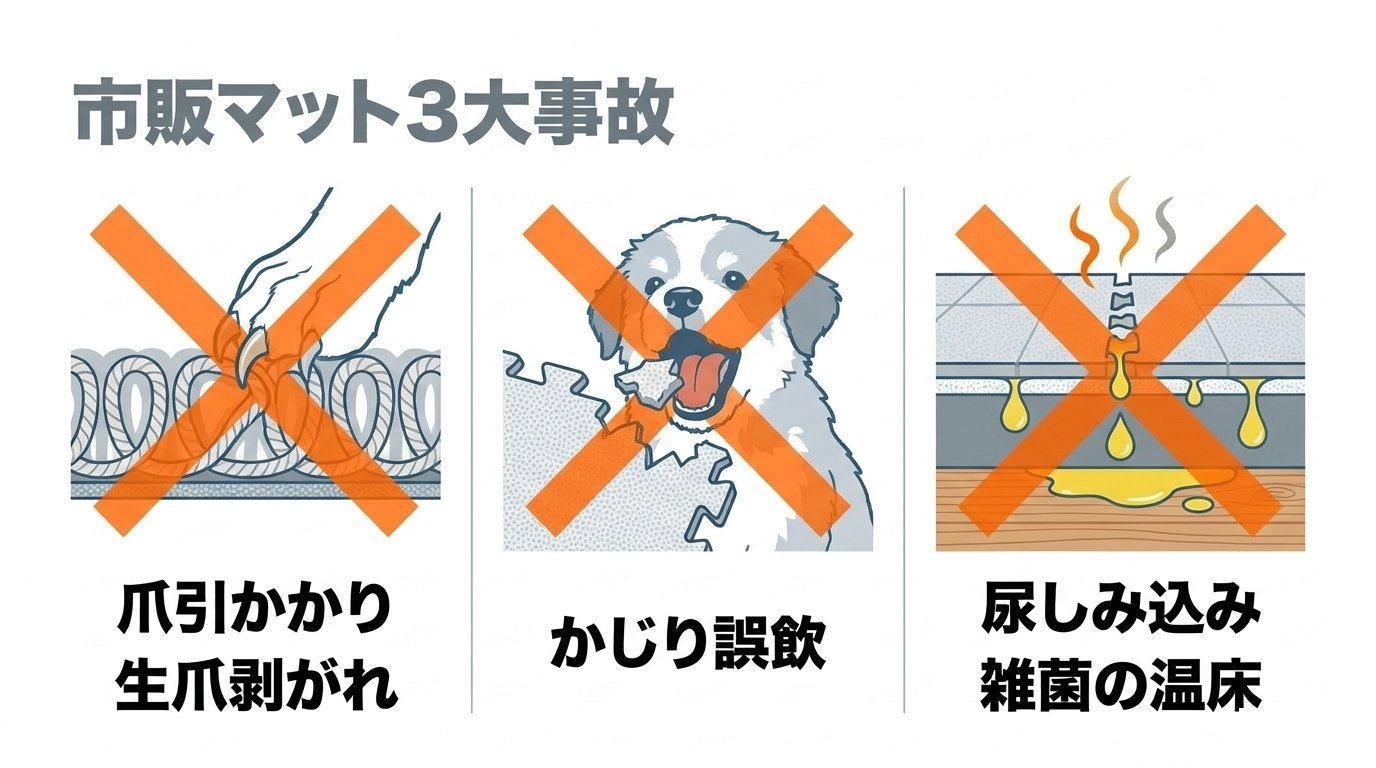 市販マットの3大事故（爪の引っ掛かり・かじり誤飲・排泄物の染み込み）