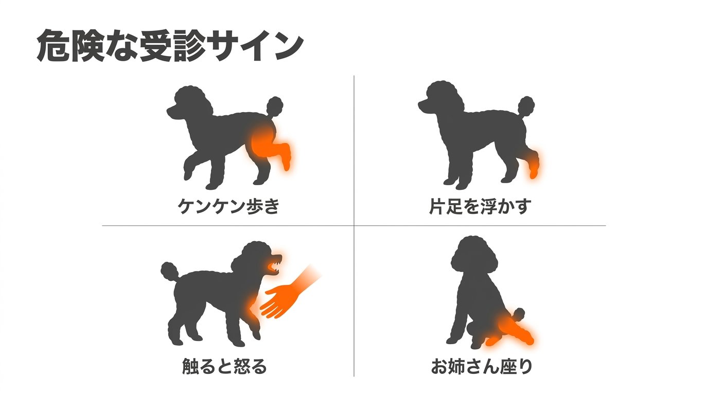 危険な受診サイン（ケンケン歩き・片足浮かし・触ると怒る・お姉さん座り）