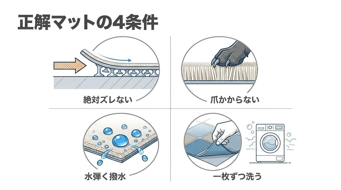 失敗しない吸着タイルマットの4大条件（高密着・爪安全・撥水・丸洗い）