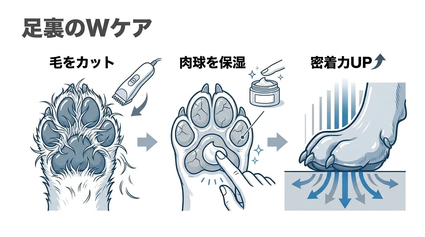 足裏のW防滑ケア（月2回のバリカンカットと天然クリーム保湿）