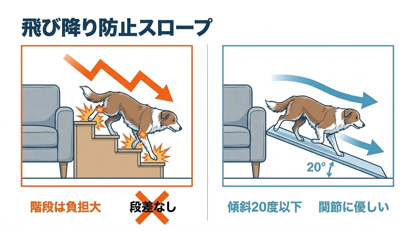 ソファからの飛び降り衝撃を防ぐ傾斜20度以下の緩やかなスロープ