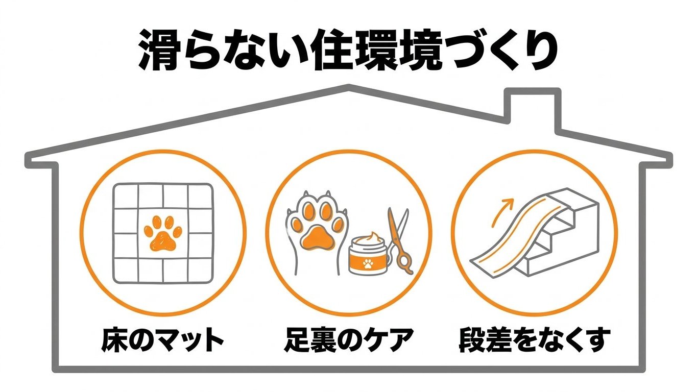 フローリングの滑りと関節負荷(防滑マット敷設と足裏毛カット・肉球ケアの比較図)