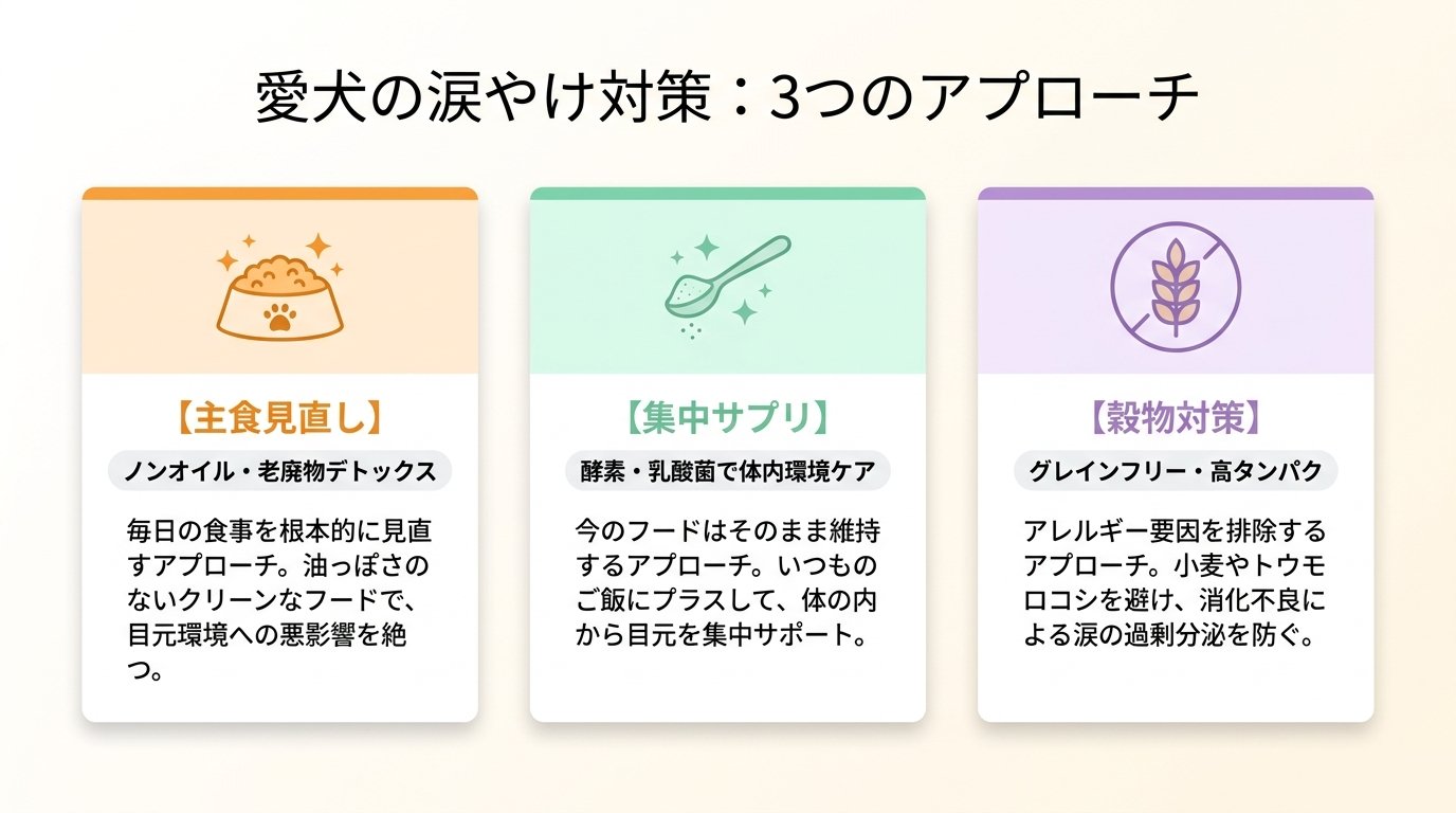 愛犬の涙やけ対策：3つのアプローチ（主食見直し・集中サプリ・穀物対策）