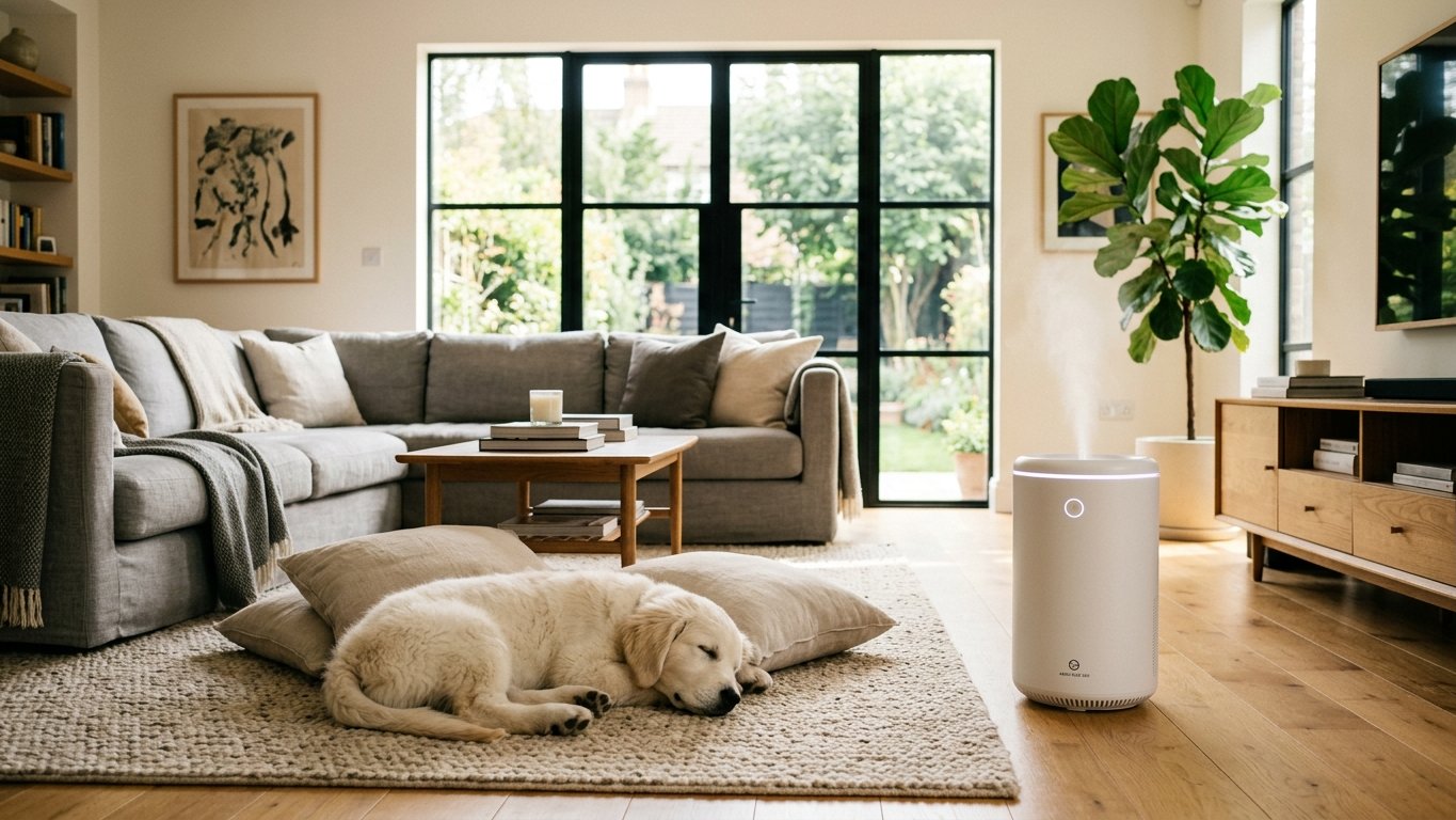 リビングで安全な距離を保ち静かに稼働する空間除菌脱臭機と愛犬