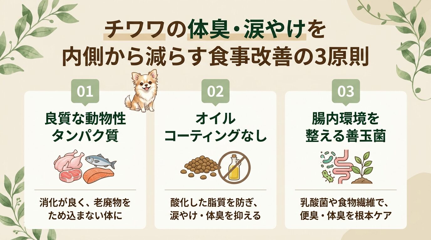 チワワの体臭・涙やけを内側から減らす食事改善の3原則