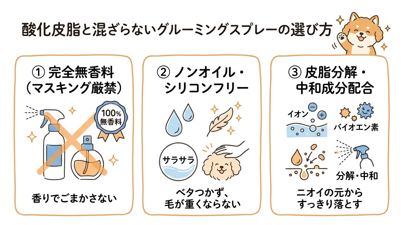酸化皮脂と混ざらないグルーミングスプレーの選び方（完全無香料・ノンオイル・皮脂分解成分）の基準図解