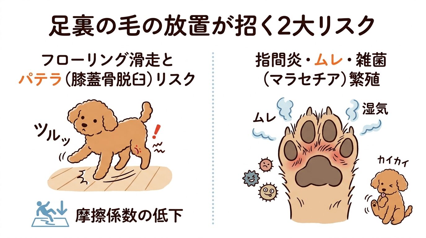 足裏の毛の放置が招くフローリング滑走と指間炎の2大リスク解説図