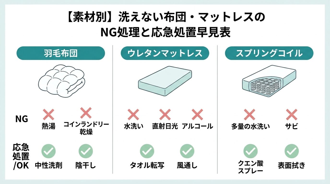 洗えない布団・マットレス素材別NG処理と応急処置早見表