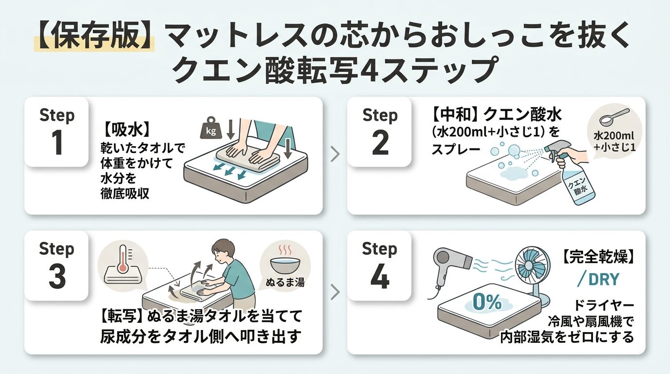 アンモニア臭と黄ばみを芯から抜くクエン酸中和とタオル転写4ステップ