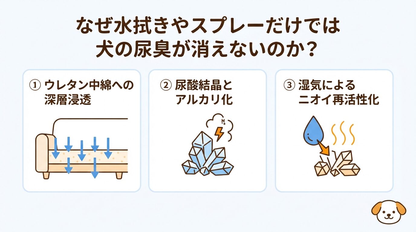 なぜ水拭きやスプレーだけでは犬の尿臭が消えないのか？ウレタン浸透と尿酸結晶のメカニズム図解