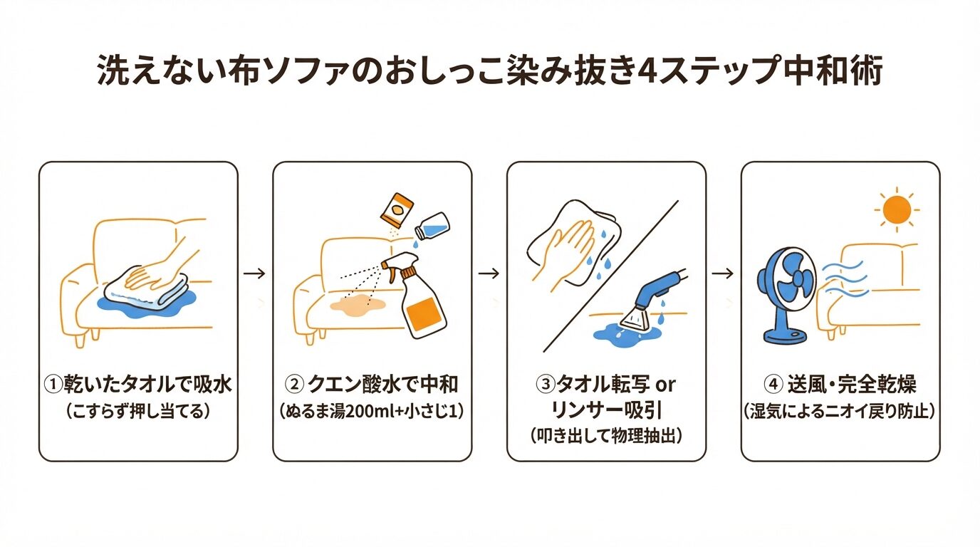 洗えない布ソファのおしっこ染み抜き4ステップ中和術（吸水・クエン酸中和・叩き出し転写・完全乾燥）のフロー図