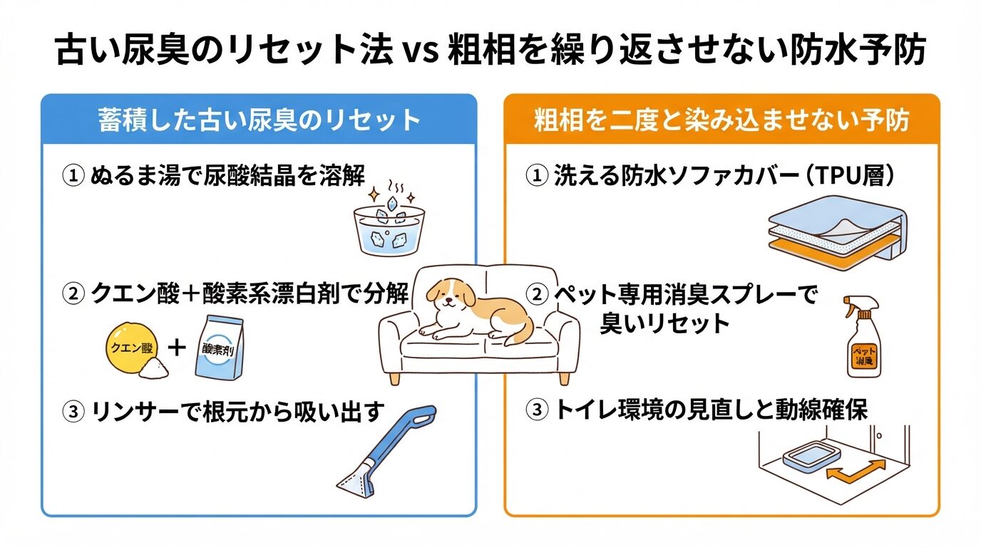 古い尿臭のリセット法（ホットタオル溶解＋酸素系漂白剤）vs 粗相を繰り返させない防水ソファカバーの比較図解