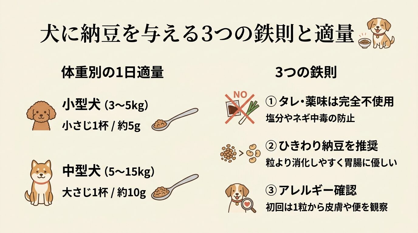 犬に納豆を与える3つの鉄則と適量の図解