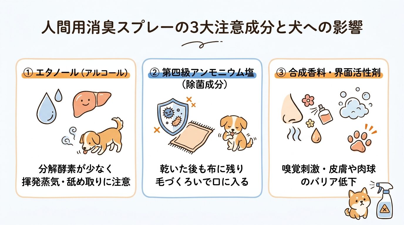 人間用消臭スプレーの3大注意成分（アルコール・第四級アンモニウム塩・合成香料）と犬への影響メカニズムを整理した図解