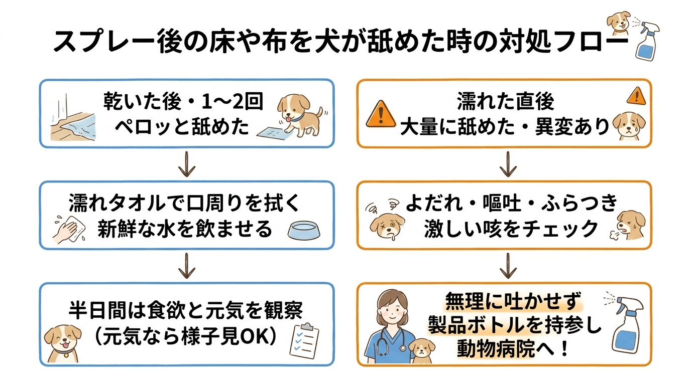スプレー後の床や布を犬が舐めた時の状況別チェックと動物病院への受診判断フロー
