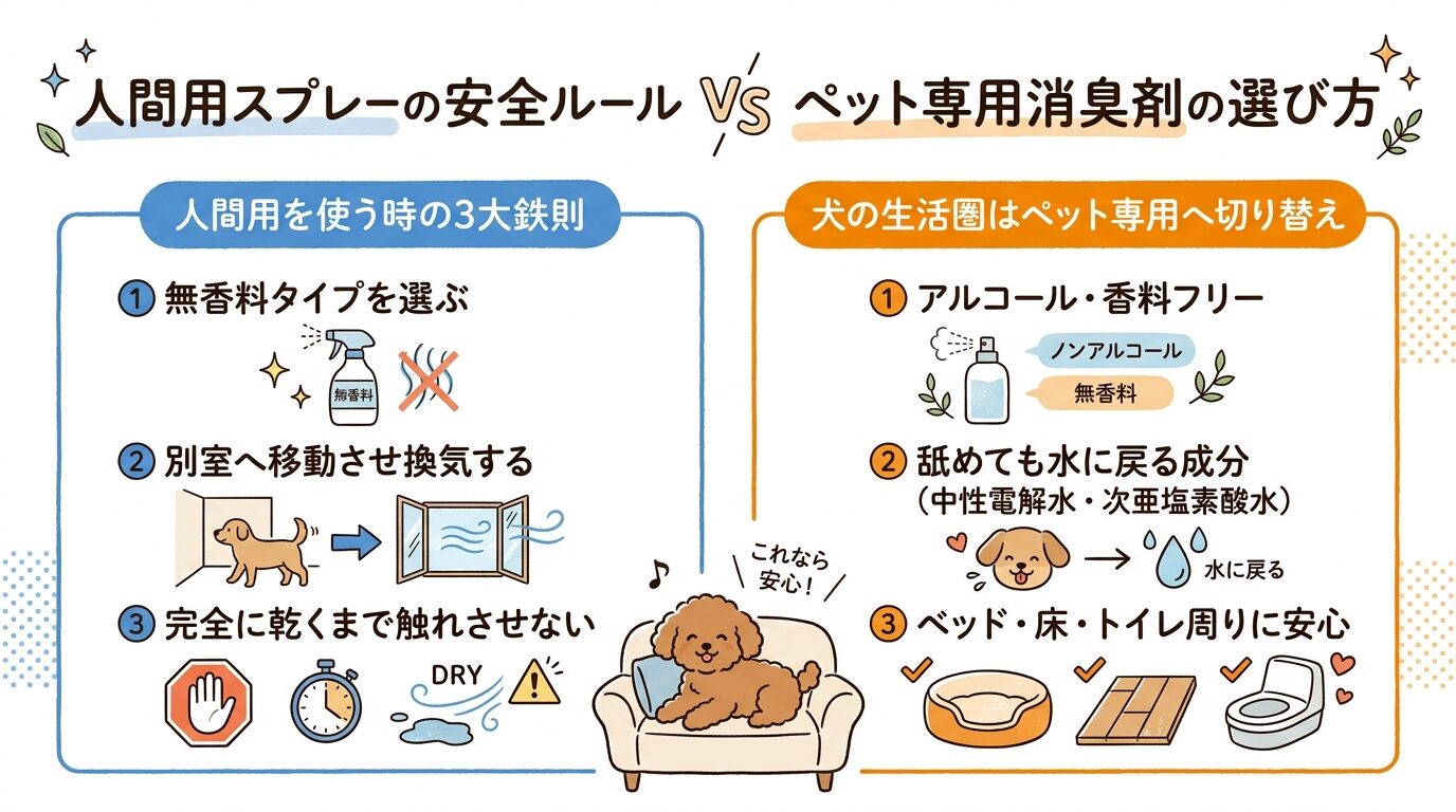 人間用スプレーを使う時の3大安全ルールとペット専用消臭剤への切り替え基準を比較した図解