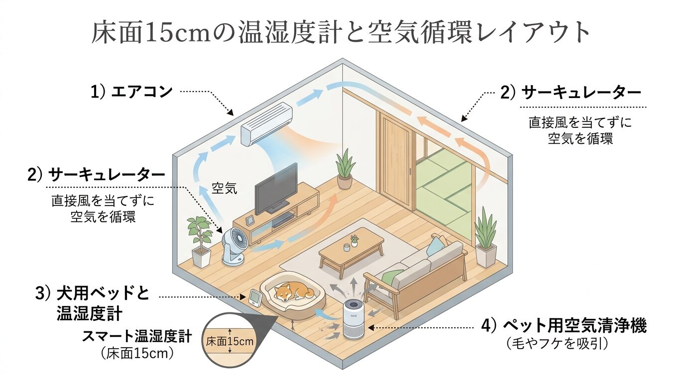 室内犬のための温湿度計・サーキュレーター・空気清浄機の配置図