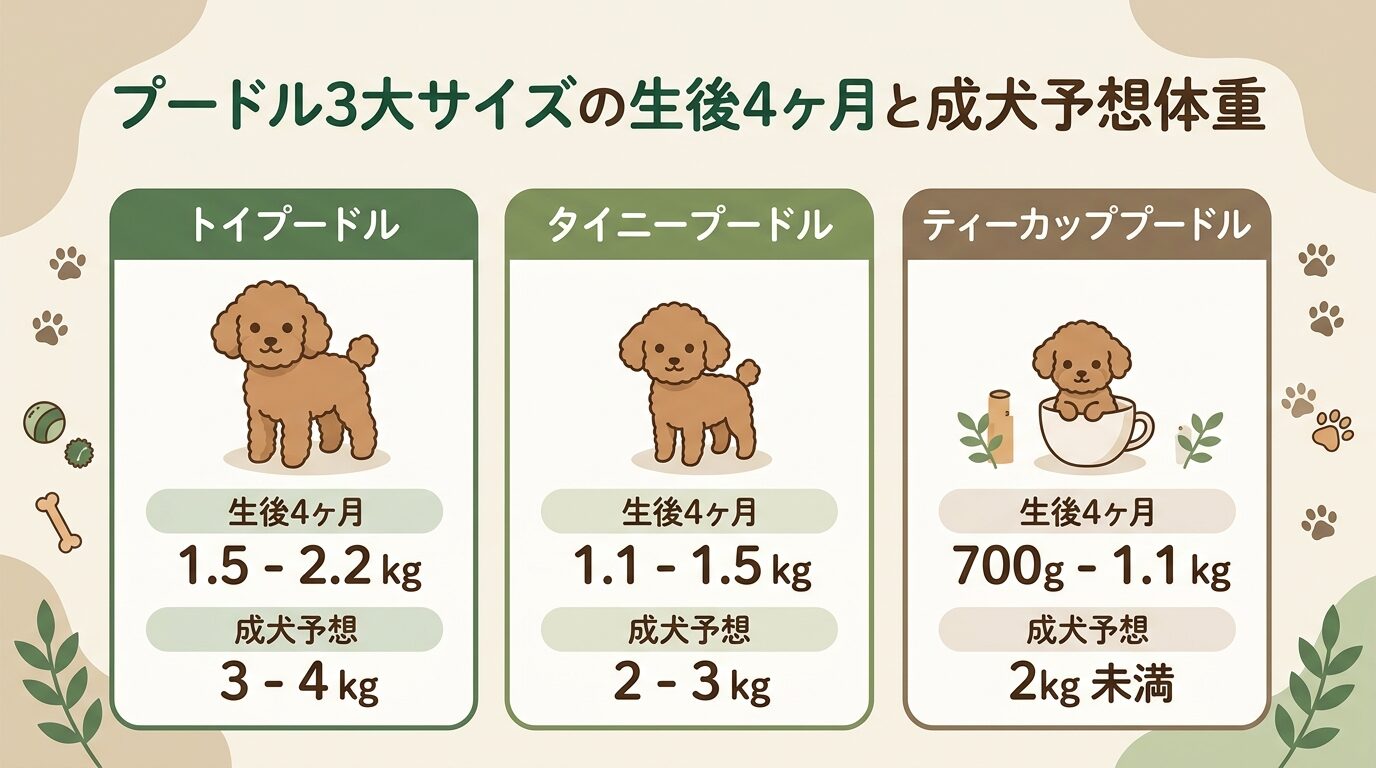 プードル3大サイズの生後4ヶ月と成犬予想体重（トイ・タイニー・ティーカップの比較表）