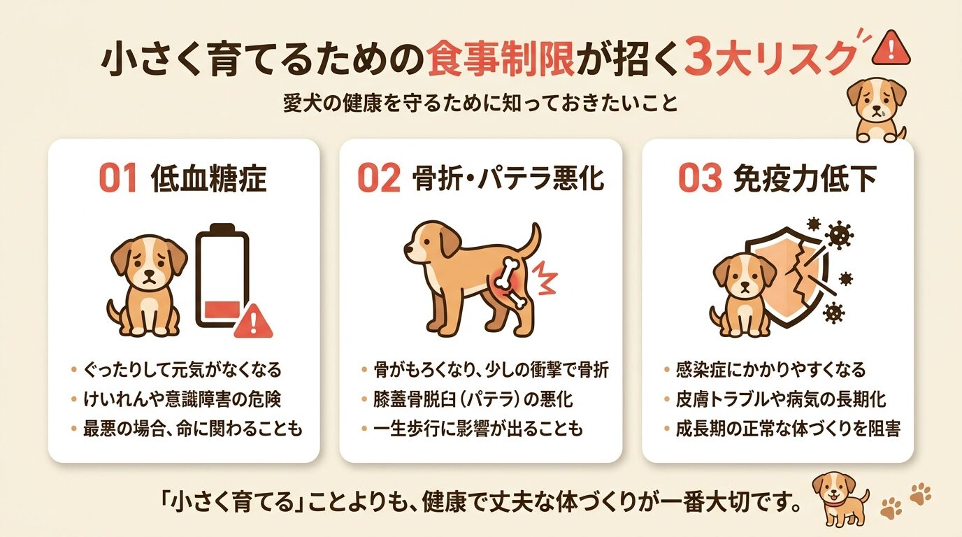 小さく育てるための食事制限が招く3大リスク（低血糖・骨折パテラ・免疫低下）