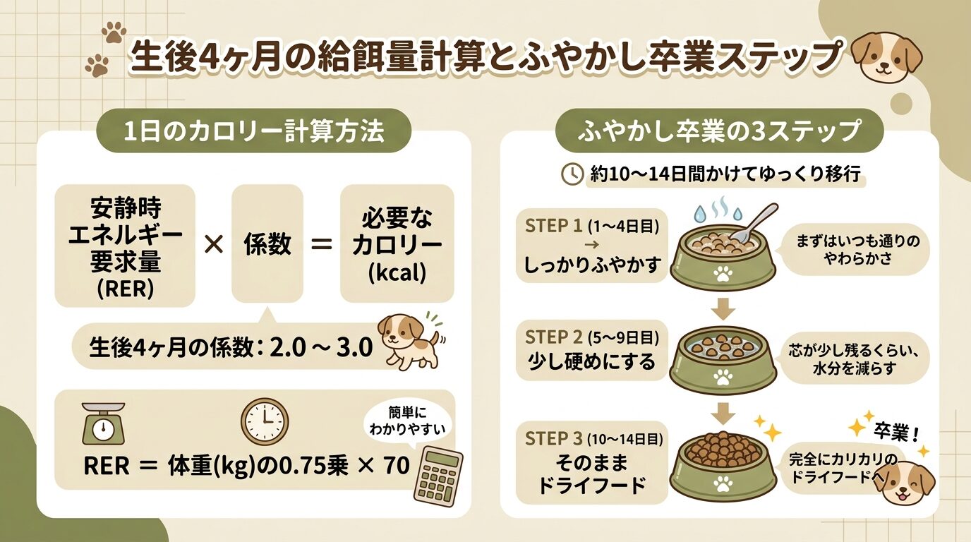 生後4ヶ月の給餌量計算とふやかし卒業ステップ（RER計算式とドライ移行手順）