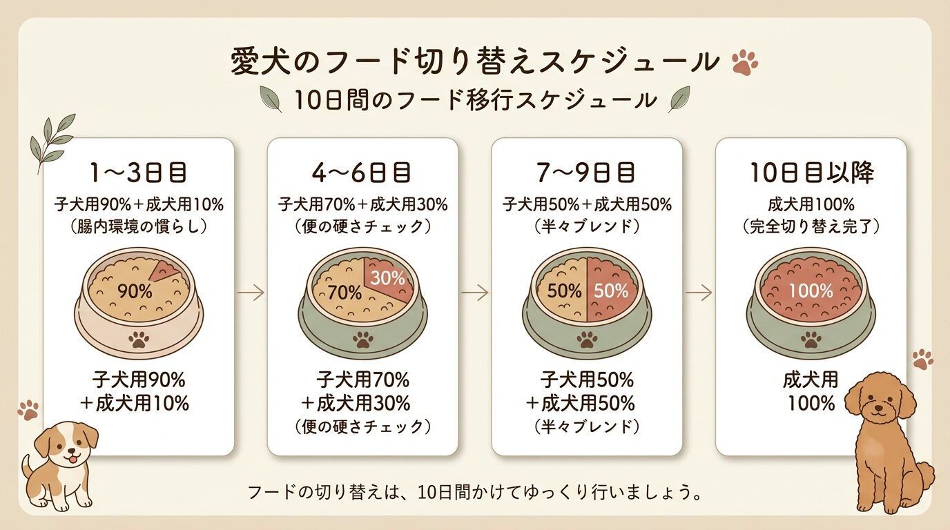 パピー用から成犬用ドッグフードへの10日間移行比率と胃腸ケア手順