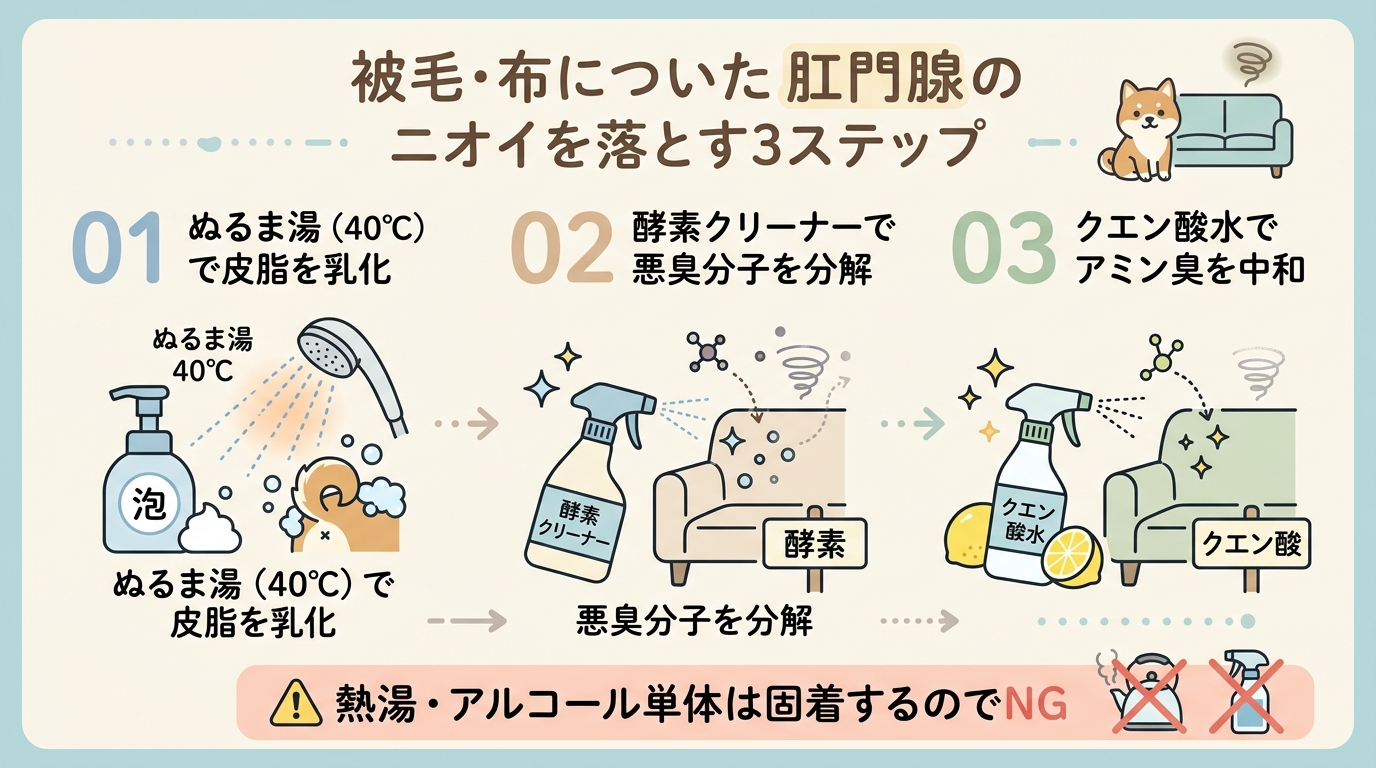 被毛・布についた肛門腺のニオイを落とす3ステップ