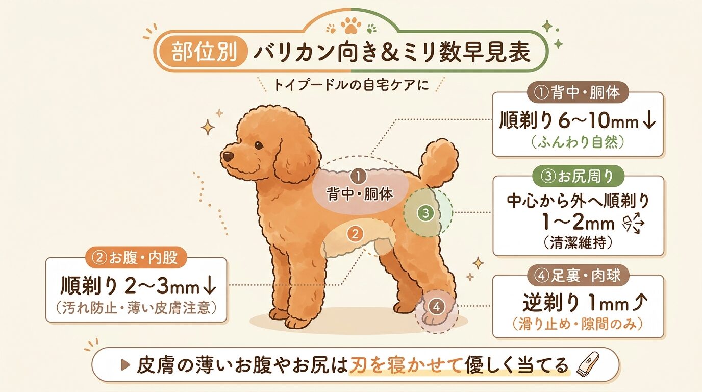 部位別 バリカン向き＆ミリ数早見表