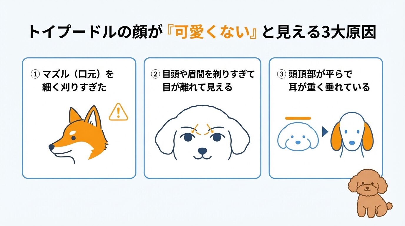 トイプードルの顔が『可愛くない』と見える3大原因（マズル横の毛量不足・目頭の剃りすぎ・頭頂部の平坦化）図解
