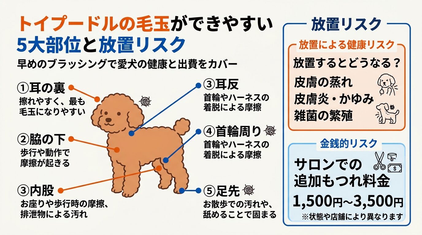 トイプードルの毛玉ができやすい5大部位と放置リスク