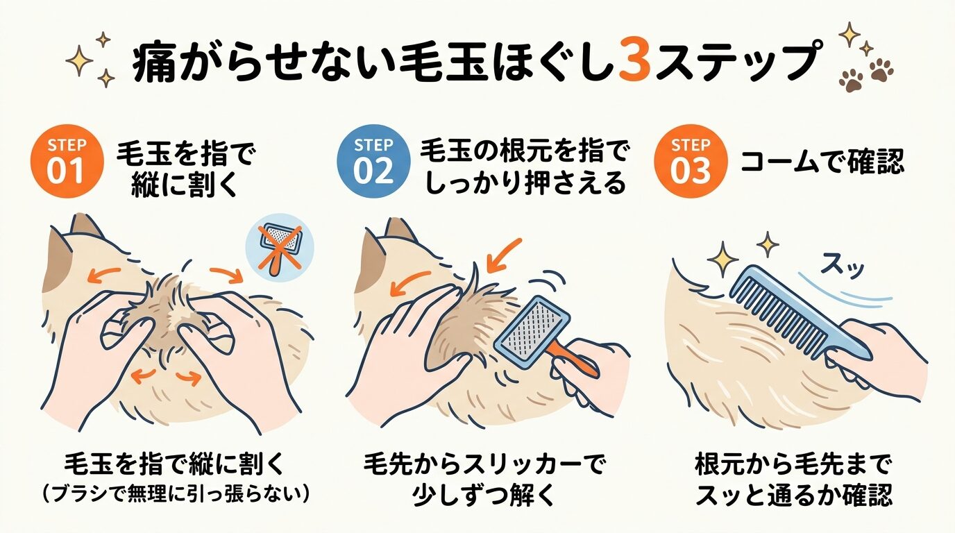 痛がらせない毛玉ほぐし3ステップ