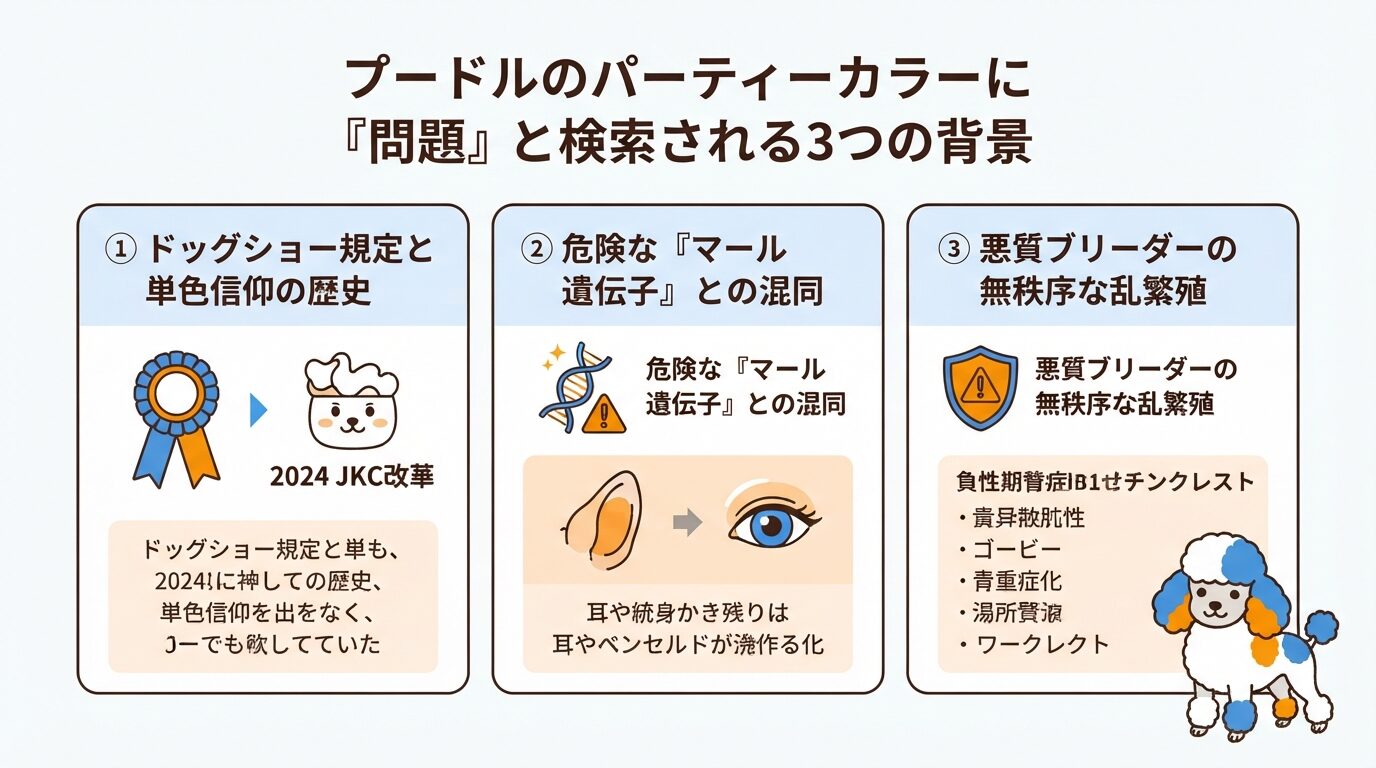 プードルのパーティーカラーに『問題』と検索される3つの背景（ショー規定・マール混同・乱繁殖）図解