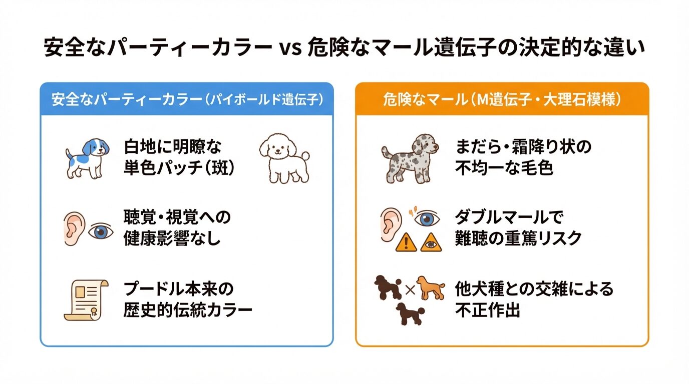 安全なパーティーカラー vs 危険なマール遺伝子の決定的な違い（外見・遺伝子座・健康リスク）比較図解