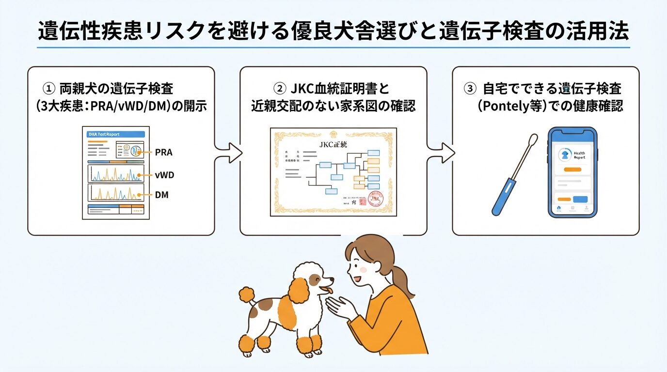 遺伝性疾患リスクを避ける優良犬舎選びと遺伝子検査の活用法（3大検査・血統証明書・DNA検査）図解