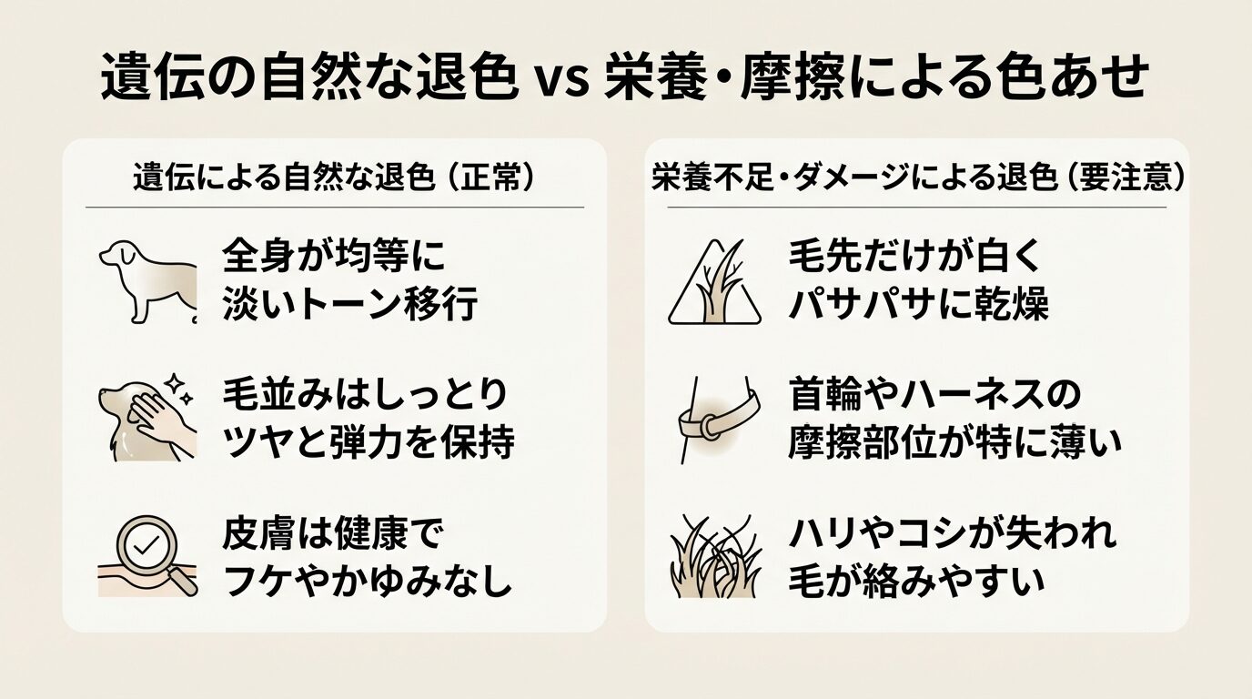 遺伝による自然な退色と栄養不足・摩擦による色あせの比較表