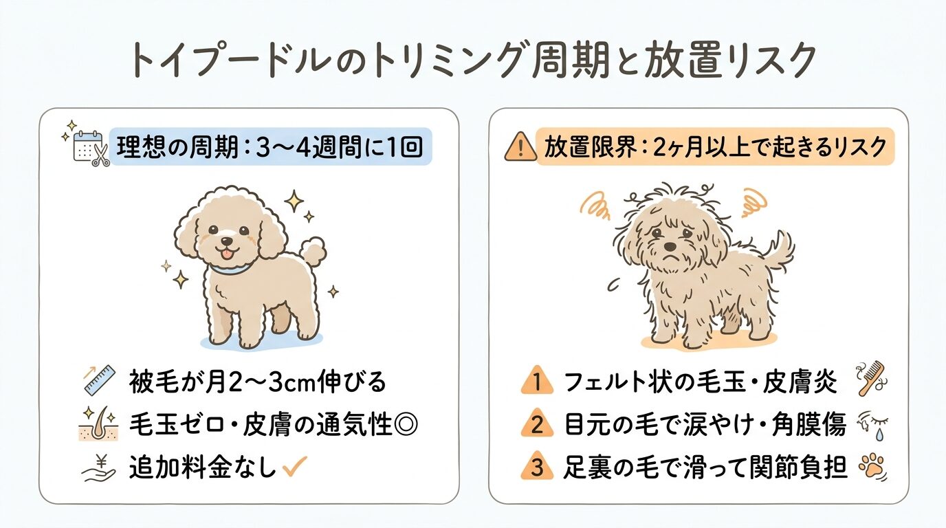 トイプードルの理想的なトリミング周期(3〜4週間)と2ヶ月放置した際のリスク比較